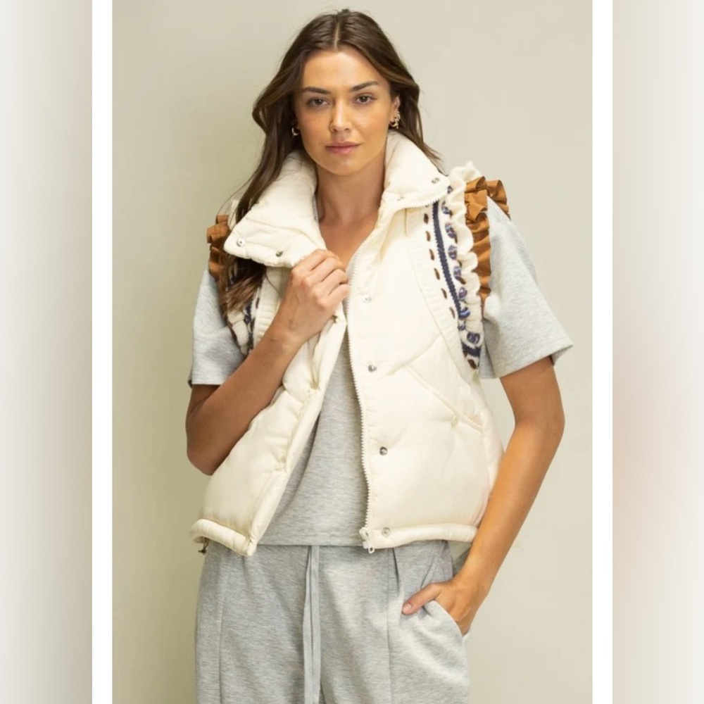 Heyson Women's Cream Puffer Vest with Brown Accents
